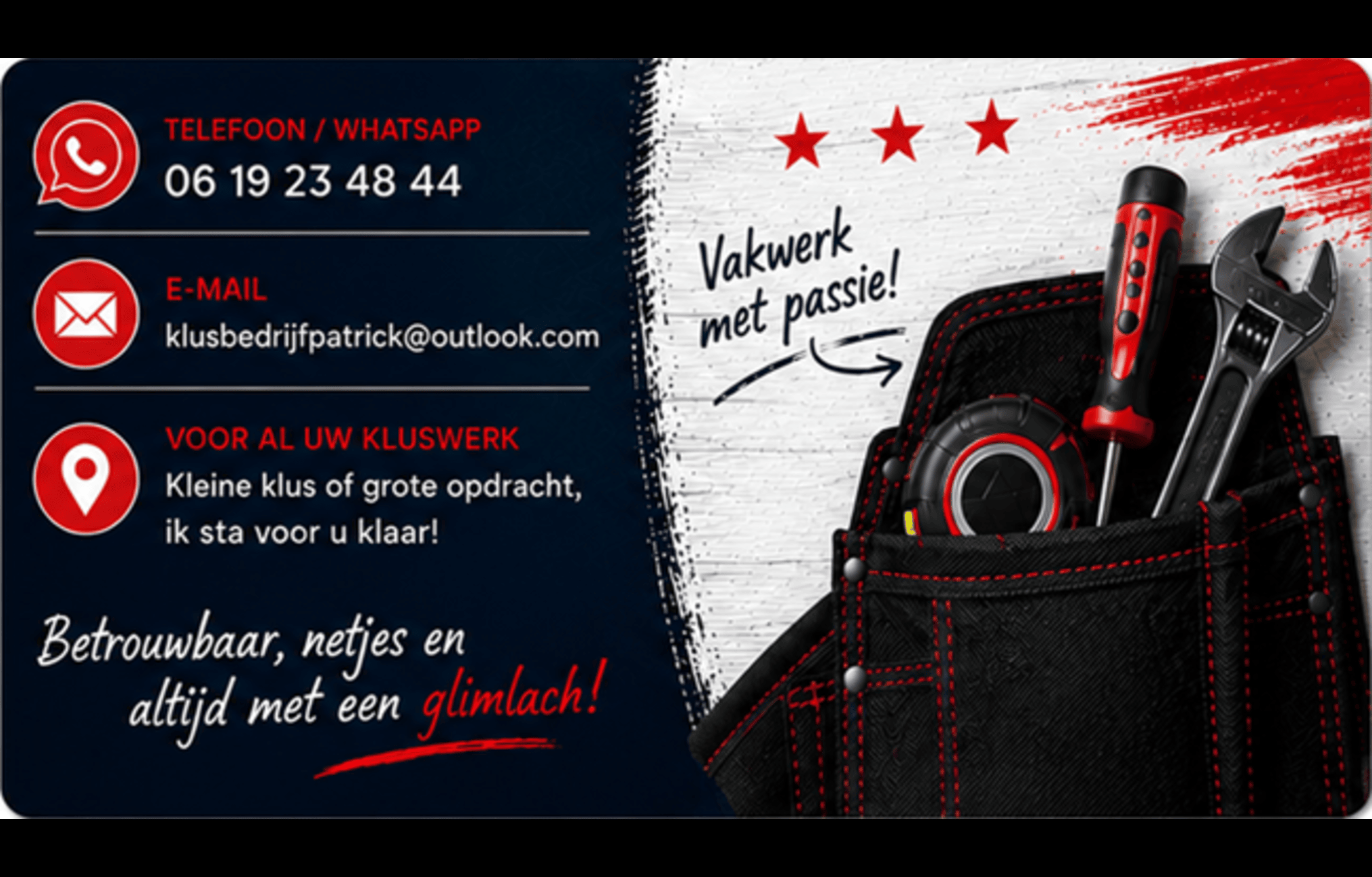 Gereedschap van Klusbedrijf Patrick: rolmaat, schroevendraaier en steeksleutel